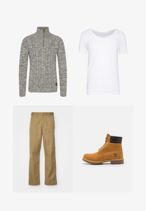 Sudadera de punto trenzado en un tono gris-verde apagado, con un cuello de medio cremallera y un patrón de tejido texturizado. Parche de logo marrón en el dobladillo.; Camiseta blanca de manga corta, con escote en forma de barco, textura suave, corte holgado, hecha de una tela ligera con un ligero estiramiento. Sin patrones ni acentos.; Chinos caqui con diseño de pierna recta, elaborados en una suave tela de algodón. Cuentan con un cierre frontal de botón y bolsillos laterales.; Botín de cuero marrón con ojales de metal, forro de piel sintética blanca, cuello acolchado negro, suela resistente y logotipo en relieve en el costado.