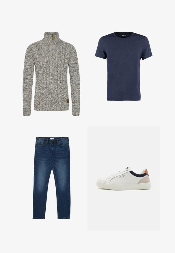 Sudadera de punto trenzado en un tono gris-verde apagado, con un cuello de medio cremallera y un patrón de tejido texturizado. Parche de logo marrón en el dobladillo.; Camiseta de manga corta azul marino hecha de algodón, con cuello redondo y una textura suave y jaspeada sin patrones ni acentos visibles.; Vaqueros ajustados de color azul oscuro con detalles desgastados, diseño clásico de cinco bolsillos, cierre de botón y presillas para cinturón.; Zapatillas blancas de cuero con un diseño de caña baja, acento en tela azul marino en el cuello y una lengüeta de talón de ante rosa claro. Suela de goma.