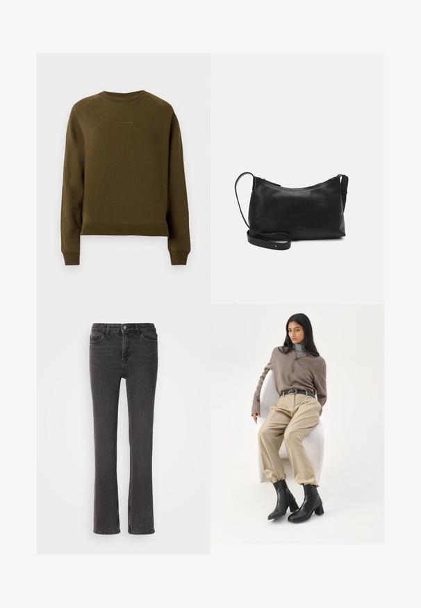 Olivenfarvet sweatshirt lavet af en bomuldsblanding, med ribbet rund hals, lange ærmer og et diskret brandlogo på brystet.; Sorte denim jeans med lige pasform, der har forlommer, lynlås og subtile stiksyninger. Stoffet har en let tekstur.; Kvinde med langt sort hår, der læner sig op ad en hvid buet stol iført en taupe bluse, beige bukser, sort bælte og sorte ankelstøvler med hæl.; Sort læder skuldertaske med en glat tekstur, buet form, justerbar rem og lynlås. Minimalistisk design uden udsmykninger.