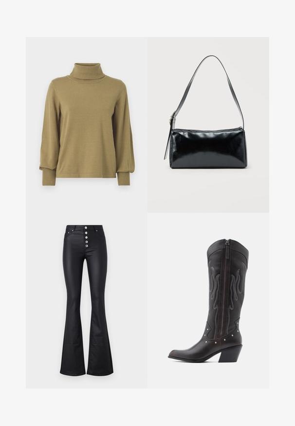 VILA VIAMANDA TURTLE NECK - Striktrøje - gothic olive; Sorte flagrende bukser lavet af glat, strækbart materiale med høj talje og fem metalliske knapper foran. Har to sidelommer.; Brune læder cowboystøvler med flammebroderi, sidelukning med lynlås, sølvnitter, spids snude og lagdelt hæl.; Sort rektangulær skuldertaske med en enkelt justerbar rem og lynlås i toppen på en ensfarvet baggrund.