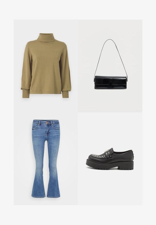 VILA VIAMANDA TURTLE NECK - Neule - gothic olive; Sininen farkkushortsit, joissa on leveä lahje, keskikorkea vyötärö, viisi taskua ja klassinen tikkaus. Pehmeä kosketukselle ja hieman haalistunut pinta.; Monki Loaferit/pistokkaat - black dark; Mustasta tekonahasta, krokotiilimallia oleva olkalaukku, suorakulmainen muoto, kiiltävä pinta, ohuella säädettävällä olkahihnalla ja etuosan läppäkiinnityksellä.