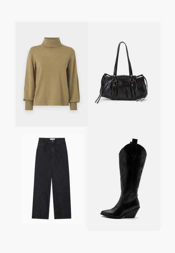 VILA VIAMANDA TURTLE NECK - Pullover - gothic olive; Jeans en denim noirs taille haute à jambes larges avec fermeture à bouton et zip à l'avant, passants de ceinture et style à cinq poches.; Botte de cowboy en cuir noir avec bout pointu, talon bloc incliné, couture décorative et languettes en haut sur fond blanc.; Sac à main en cuir noir avec une forme arrondie, deux poignées, des accents en matériel décoratif et des détails de liens sur les côtés. Texture lisse et brillante.