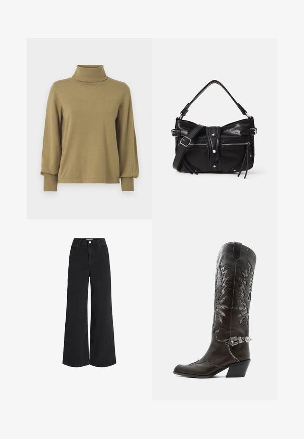 VILA VIAMANDA TURTLE NECK - Πουλόβερ - gothic olive; Φαρδιές μαύρες τζιν παντελόνες με πέντε τσέπες, ψηλόμεσες και με κούμπωμα. Περιέχουν διακριτές ραφές και καθαρή φινίρισμα.; Μαύρη δερμάτινη καουμπόικη μπότα με διακοσμητικές περικοπές, ασημένια πόρπη και κεκλιμένο τακούνι, εμφανιζόμενη σε λευκό φόντο.; Even&Odd H24462 - Τσάντα χειρός - black