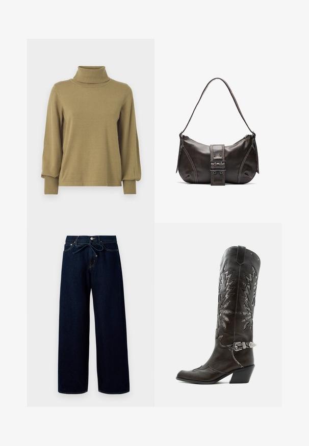 VILA VIAMANDA TURTLE NECK - Striktrøje - gothic olive; Mørkeblå vide jeans lavet af denim, med en frontknaplukning og en snørelukning i taljen, samt kontrasterende syninger.; Sort læder cowboystøvle med dekorative udskæringer, sølvspænde og skrå hæl, vist på hvid baggrund.; Brun læder skuldertaske med en buet form, der har et fremtrædende spænde, kontrasterende syninger og en enkelt skulderrem.