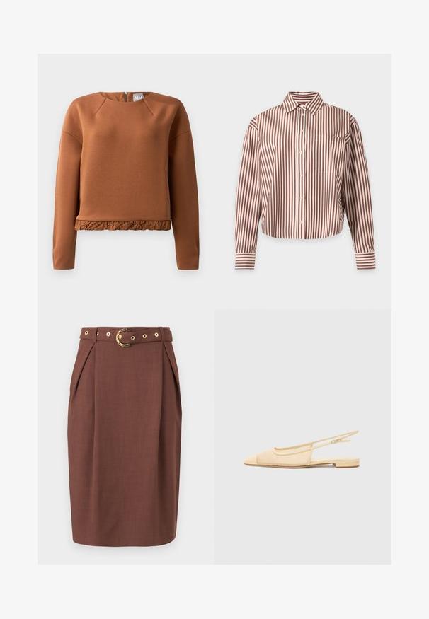 Bruine pullover sweatshirt met ronde halslijn, lange mouwen en een gerimpelde zoom. Gemaakt van gladde stof met een subtiele glans en een ritsluiting aan de achterkant.; Overhemd met lange mouwen en knoopsluiting met bruine en witte verticale strepen, een kraag en een borstzakje op een effen achtergrond.; Bruine knielange rok met een hoge taille, plooien bij de heupen en een bijpassende riem met een gouden ronde gesp.; Slingback ballerina in lichtbeige met een mesh bovenwerk, spitse neus en een lage hak. Voorzien van een verstelbare band voor een goede pasvorm.