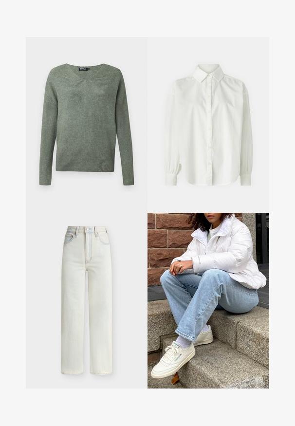 Pull en maille côtelée à manches longues vert foncé, col en V et coupe décontractée, étiquette de marque à l'intérieur du col.; Chemise blanche à boutons avec col classique, manches longues bouffantes et coupe décontractée. Texture lisse et léger éclat, avec boutons à l'avant.; Jean en denim bleu clair à taille haute avec jambe droite, boutons à l'avant, fermeture éclair et cinq poches.; Doudoune blanche avec un col haut, jean en denim bleu clair et baskets blanches Reebok. Escaliers en pierre texturée en arrière-plan.