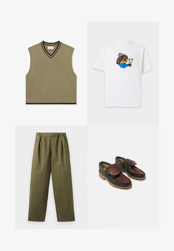 Mouwloze v-hals trui in olijfgroen met ribbelstructuur, voorzien van zwarte gestreepte accenten bij de kraag en de onderrand.; Wit T-shirt met een cartoonbeer die een pet en een blauw overhemd draagt, en een katapult vasthoudt die klaar is om te schieten.; Olijfgroene broek met wijde pijpen, een elastische tailleband en plooien aan de voorkant, getoond tegen een lichte achtergrond.; Leren schoenen met een donkergroene body en een wijnrode bovenkant, een ronde neus, een beveiligde klep en een gestructureerde rubberen zool met groeven.