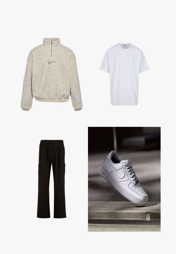 Krémový pulóver vyrobený z textúrovaného fleece, s polovičným zipsom a malým vyšitým logom vpredu.; Jednoduché biele bavlnené tričko s krátkym rukávom, okrúhlym výstrihom a viditeľnou veľkosťou a značkou na vnútornej strane goliera.; Urban Classics WIDE - Kapsáče - black; Biely kožený teniska Nike Air Force 1 má perforovanú špičku, ploché šnúrky a štruktúrovanú gumovú podrážku s nápisom „AIR“ na boku.