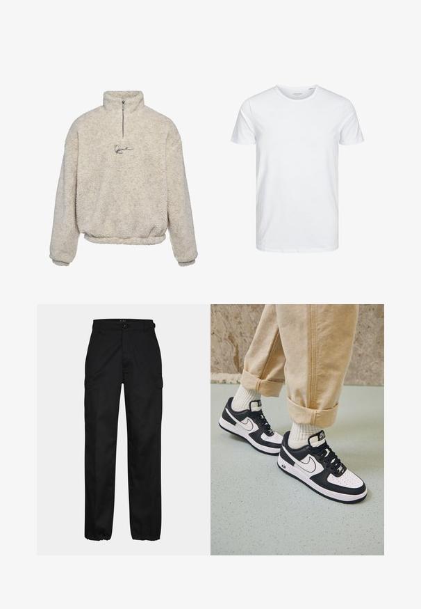 Krémový pulóver vyrobený z textúrovaného fleece, s polovičným zipsom a malým vyšitým logom vpredu.; Tričko s okrúhlym výstrihom a krátkym rukávom v čistej bielej farbe, vyrobené z jemnej bavlny, má jednoduchý dizajn bez viditeľných vzorov alebo akcentov.; Čierne cargo nohavice so strihom rovného strihu, s bočnými vreckami, zapínaním na gombík a elastickými manžetami na členkoch. Vyrobené z odolnej tkaniny.; Čierno-biele tenisky Nike Air Force 1 s koženým zvrškom, perforovanou špičkou a textúrovanou podrážkou, kombinované s ohrnutými béžovými nohavicami a bielymi ponožkami.