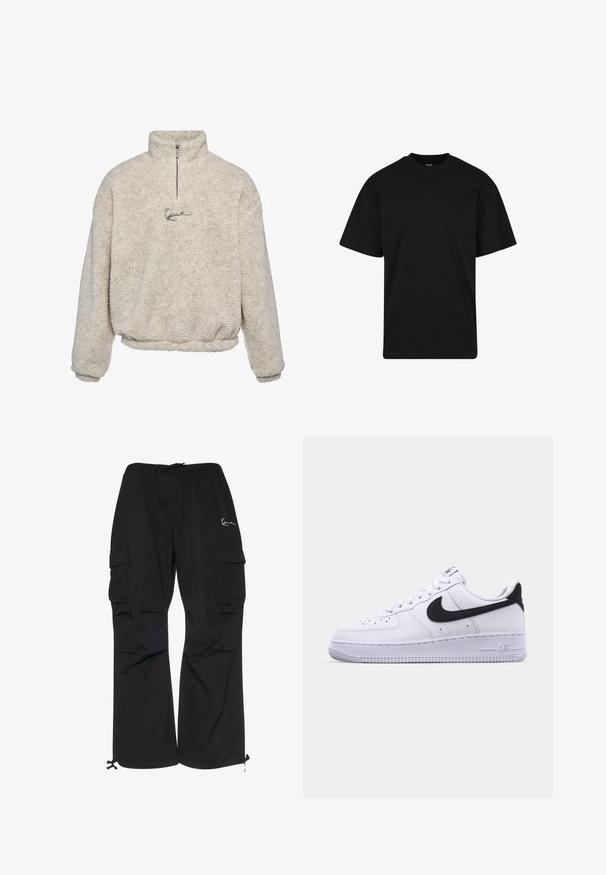 Κρέμα pullover από υφασμάτινη φλις, με μισό φερμουάρ στον γιακά και μικρό κεντητό λογότυπο μπροστά.; Μαύρο κοντομάνικο μπλουζάκι με στρογγυλή λαιμόκοψη, άνετη γραμμή, μοντέρνο σχέδιο χωρίς εμφανή λογότυπα ή σχέδια.; Μαύρο παντελόνι cargo από ελαφρύ υλικό, με ελαστική μέση και κορδόνι, πλαϊνές τσέπες και ρυθμιζόμενους ιμάντες στους αστραγάλους.; Λευκό δερμάτινο αθλητικό παπούτσι με υφή μαύρου Swoosh, επίπεδα κορδόνια και καουτσούκ σόλα με ραβδωτό σχέδιο. Η λέξη "AIR" είναι ανάγλυφη στην φτέρνα.