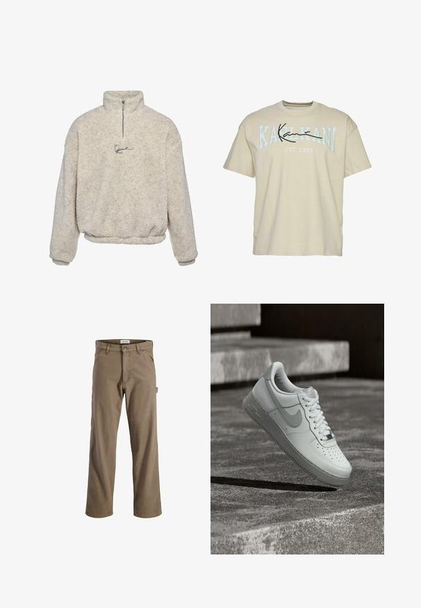 Krémový pulóver vyrobený z textúrovaného fleece, s polovičným zipsom a malým vyšitým logom vpredu.; Béžové bavlnené tričko s okrúhlym výstrihom, s nápisom "KARL KANI" v modrej a čiernej farbe naprieč hrudníkom, s rokom založenia 1989 pod ním.; Jack & Jones Worker pants Loose Fit - Nohavice - walnut; Biela teniska Nike Air Force 1 vznášajúca sa nad textúrovaným betónovým povrchom s kamennými schodmi v pozadí.