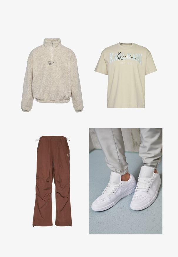 Krémový pulóver vyrobený z textúrovaného fleece, s polovičným zipsom a malým vyšitým logom vpredu.; Béžové bavlnené tričko s okrúhlym výstrihom, s nápisom "KARL KANI" v modrej a čiernej farbe naprieč hrudníkom, s rokom založenia 1989 pod ním.; Hnedé cargo nohavice s elastickým pásom a nastaviteľnou šnúrkou, so bočnými vreckami a voľným strihom. Hladká textúra, ľahká tkanina.; Biele kožené tenisky majú perforovaný špičku, ploché šnúrky, polstrovaný golier a logo Jordana na jazyku. Nosia sa s šedými joggermi.