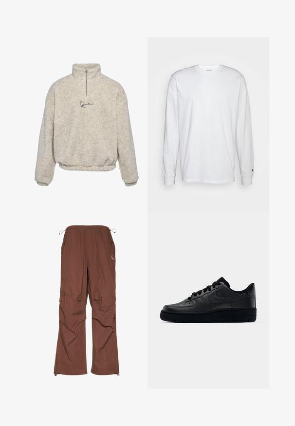Krémový pulóver vyrobený z textúrovaného fleece, s polovičným zipsom a malým vyšitým logom vpredu.; Biela dlhá bavlnená tričko s dlhým rukávom. Dizajn s okrúhlym výstrihom a rebrovanými manžetami, malá nášivka na ľavom rukáve. Hladká textura.; Hnedé cargo nohavice s elastickým pásom a nastaviteľnou šnúrkou, so bočnými vreckami a voľným strihom. Hladká textúra, ľahká tkanina.; Čierne tenisky Nike Air Force 1 s hladkým koženým zvrškom, perforovanou špičkou pre priedušnosť, čiernymi šnúrkami a textúrovanou gumovou podrážkou.