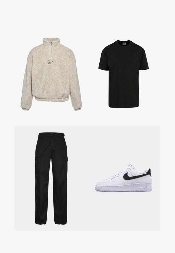 Krémový pulóver vyrobený z textúrovaného fleece, s polovičným zipsom a malým vyšitým logom vpredu.; Urban Classics SHORTSLEEVE - Základné tričko - black; Čierne cargo nohavice so strihom rovného strihu, s bočnými vreckami, zapínaním na gombík a elastickými manžetami na členkoch. Vyrobené z odolnej tkaniny.; Biele kožené tenisky s textúrovaným čiernym Swooshom, plochými šnúrkami a gumovou podrážkou s ryhovaným vzorom. Na päte je embosovaný nápis "AIR".