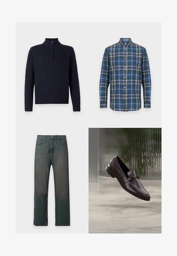 Pull bleu marine avec un col zippé à mi-hauteur, manches longues et bords côtelés. Texture lisse avec un détail de logo discret sur la poitrine.; Chemise pour homme à manches longues, boutonnée, avec motif à carreaux verts, bleus, gris et orange, et col pointu.; Jean en denim vert foncé avec une coupe droite, doté d'un design classique à cinq poches et de coutures contrastantes le long des coutures.; Mocassin en cuir marron à finition lisse, bout carré, et accent en métal doré. Dispose d'un talon bas et de détails de couture subtils.