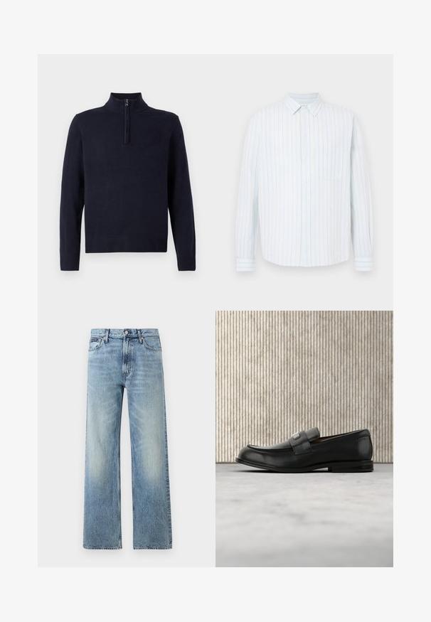 Pull bleu marine avec un col zippé à mi-hauteur, manches longues et bords côtelés. Texture lisse avec un détail de logo discret sur la poitrine.; Chemise à manches longues avec boutons, rayures verticales bleu clair et beige, une poche poitrine et un col classique.; Jean droit en denim bleu clair avec taille haute, cinq poches, fermeture à boutons et léger délavage sur les cuisses et les genoux.; Mocassin en cuir noir avec une plaque de marque en métal reposant près d'une table ronde marron sur un sol recouvert de moquette beige.