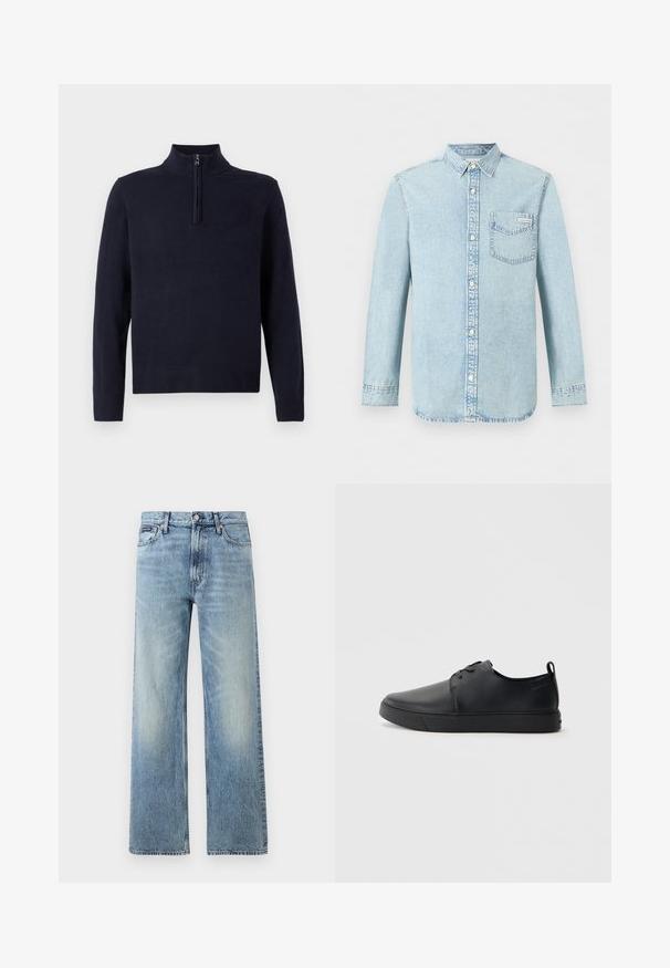 Pull bleu marine avec un col zippé à mi-hauteur, manches longues et bords côtelés. Texture lisse avec un détail de logo discret sur la poitrine.; Chemise en denim bleu clair à manches longues, fermeture boutonnée devant, une poche poitrine simple avec le logo Calvin Klein, et un col pointu.; Jean droit en denim bleu clair avec taille haute, cinq poches, fermeture à boutons et léger délavage sur les cuisses et les genoux.; Baskets en cuir noir avec une finition lisse, bout arrondi, coutures ton sur ton, devant à lacets et semelle plate en caoutchouc. Anse au talon.