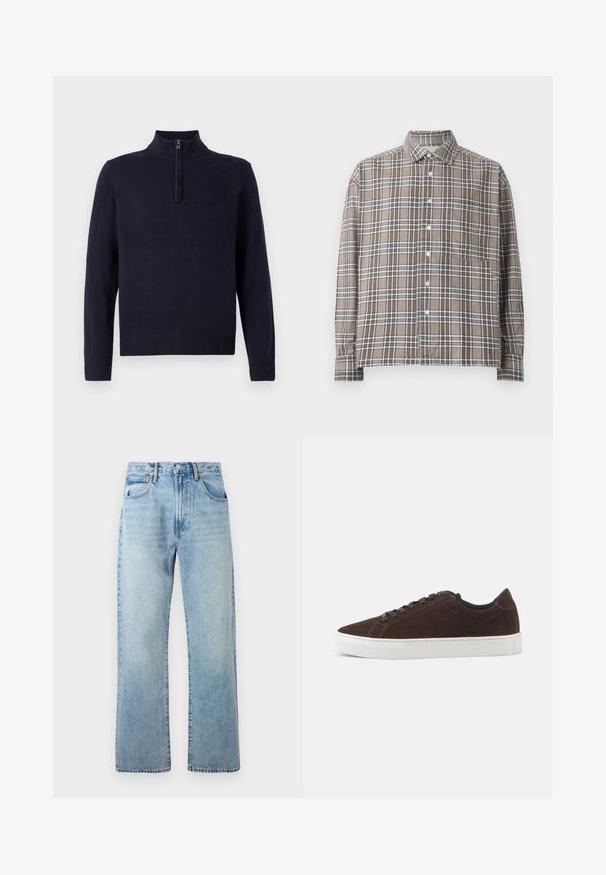 Pull bleu marine avec un col zippé à mi-hauteur, manches longues et bords côtelés. Texture lisse avec un détail de logo discret sur la poitrine.; Chemise à carreaux marron avec des lignes blanches et marron foncé, dotée d'un col et d'une poche poitrine unique, fabriquée en tissu léger.; Jeans en denim bleu clair avec des jambes larges et droites, design à cinq poches et une taille avec passants de ceinture. Le tissu présente une texture légèrement décolorée.; Baskets basses en daim marron foncé avec des lacets assortis et une semelle blanche épaisse en caoutchouc, présentées de profil sur un fond uni.