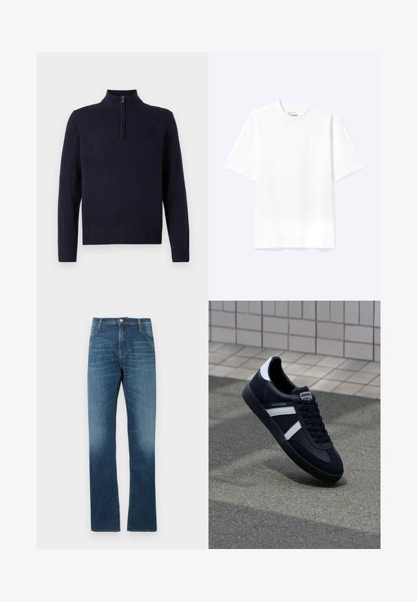 Pull bleu marine avec un col zippé à mi-hauteur, manches longues et bords côtelés. Texture lisse avec un détail de logo discret sur la poitrine.; T-shirt blanc uni à manches courtes et col rond avec une coupe décontractée, présenté sur un fond clair.; Jeans en denim bleu moyen avec un effet délavé. Comprend cinq poches, une fermeture à bouton, et une coupe droite. Texture lisse.; Sneaker en cuir noir avec des rayures blanches, semelle en caoutchouc texturée et devant à lacets. Présente une étiquette de marque sur la languette.