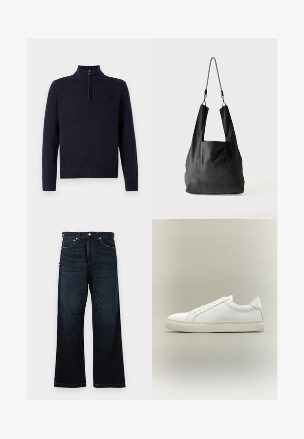 Pull bleu marine avec un col zippé à mi-hauteur, manches longues et bords côtelés. Texture lisse avec un détail de logo discret sur la poitrine.; Jeans droit bleu foncé avec un design classique à cinq poches, passants de ceinture et légers détails décolorés à l'avant et aux genoux.; Baskets blanches basses à lacets sur l’avant et semelle épaisse, vues de côté sur un fond neutre.; Sac fourre-tout en tissu noir doux avec de larges anses et une fine bandoulière tressée noire et blanche.