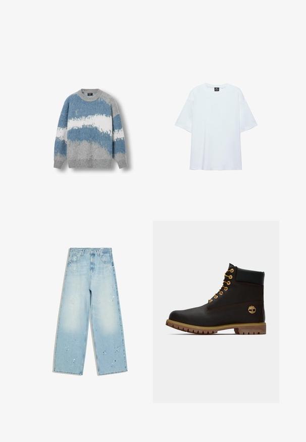 Strikket sweater i nuancer af blå og grå med et akvarelmønster, rund halsudskæring og løs pasform med ribkantede ærmer og kant.; Hvid, oversized T-shirt med korte ærmer og rund halsudskæring, med en sort etiket inde i kraven på en hvid baggrund.; Lyseblå jeans med brede ben, malingssprøjt detaljer, frontknap og lommer, lagt fladt på en hvid baggrund.; Sorte læder ankelstøvle med gyldne øjer, brune detaljer og gummisål. Har en polstret krave og præget logo på siden.