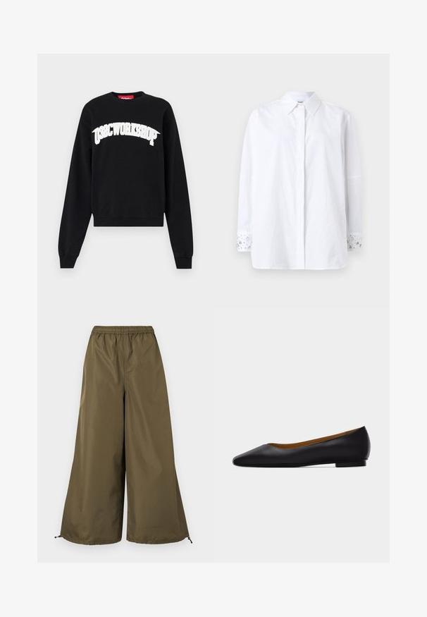 Sweatshirt noir en coton, avec une impression courbée blanche "038CWORKSHOP" sur la poitrine, des poignets côtelés et un col ras du cou.; Chemise blanche à boutons, manches longues et col. Les poignets sont ornés de bijoux décoratifs et d'un motif floral. Confectionnée en tissu opaque.; Pantalon ample à jambes larges de couleur vert olive avec taille élastique et cordons réglables au bas.; Chaussure plate en cuir noir à bout pointu avec talon bas et finition lisse, vue de côté sur un fond gris clair.