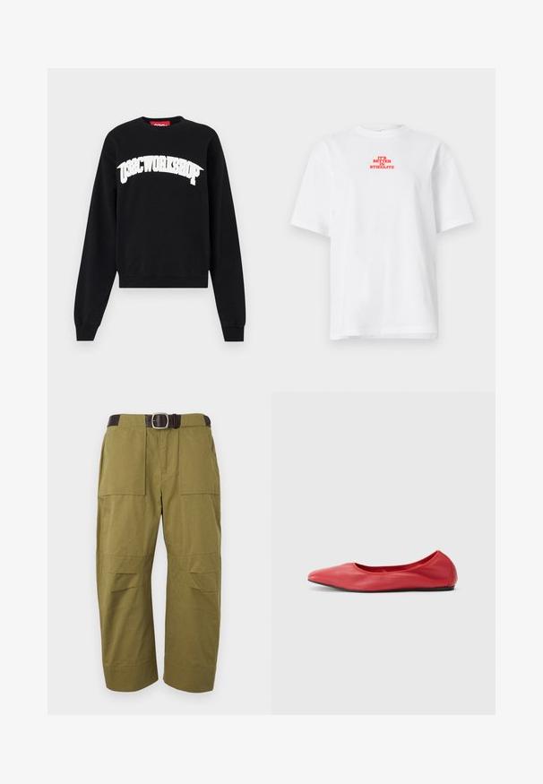 Sweatshirt noir en coton, avec une impression courbée blanche "038CWORKSHOP" sur la poitrine, des poignets côtelés et un col ras du cou.; T-shirt blanc à manches courtes avec texte rouge "C'EST MIEUX À STIEGLITZ" centré près de la partie supérieure de la poitrine.; Pantalon large vert olive avec grandes poches plaquées à l'avant et ceinture en cuir marron foncé avec boucle argentée.; Filippa K REY FLATS - Ballerines - bright red