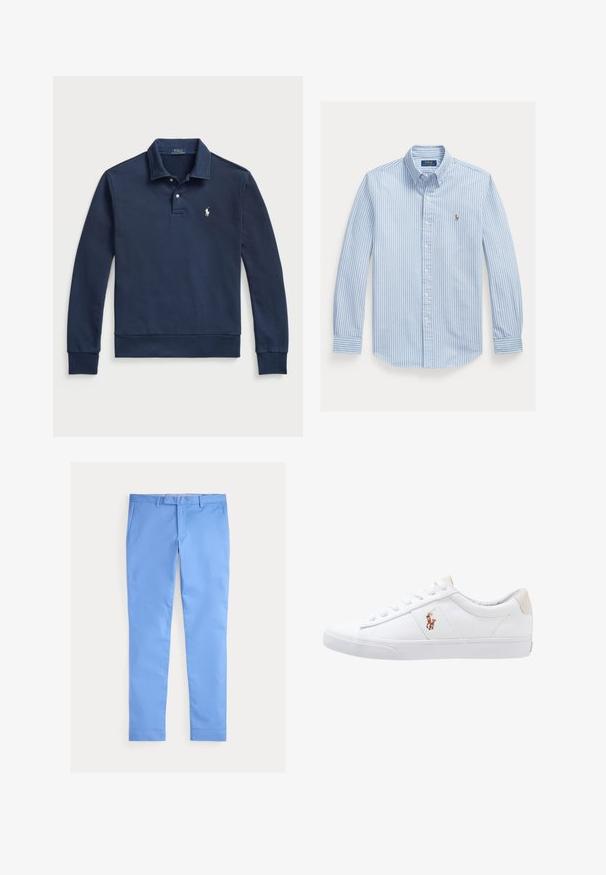 Polo Ralph Lauren LOOPBACK COLLARED SWEATSHIRT - Collegepaita - cruise navy; Vaaleansininen pitkähihainen napillinen paita, jossa on valkoiset pystysuorat raidat ja pieni kirjailtu logo vasemmalla rinnassa.; Miesten slim fit -istuvuudet vaaleansiniset housut vyönlenkeillä, etutaskuilla ja piilotetulla edessä olevalla kiinnityksellä, aseteltu tasaisesti valkoiselle taustalle.; Valkoinen kangaslenkkari matalalla muotoilulla, jossa on beige kantapää ja pieni brodeerattu logo sivulla. Kumipohja.