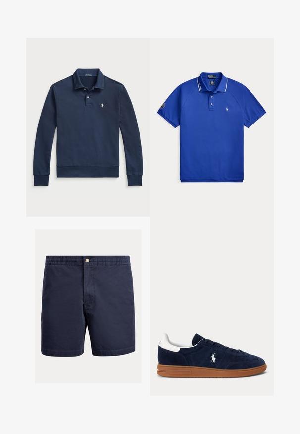 Polo Ralph Lauren LOOPBACK COLLARED SWEATSHIRT - Collegepaita - cruise navy; Sininen lyhythihainen poolopaita, jossa valkoinen reunus kauluksessa, kolme nappia sekä pieni valkoinen kirjailtu logo rinnassa ja teksti kauluksen reunassa.; Laivastonsiniset shortsit, jotka on valmistettu kevyestä kankaasta. Niissä on nappisuljenta, joustava vyötärönauha ja yksinkertainen, virtaviivainen muotoilu.; Laivastonsininen mokkanahkainen lenkkari, jossa valkoinen kantatappi, sivulla kirjailtu logo, ruskea kumipohja ja mustat nauhat.