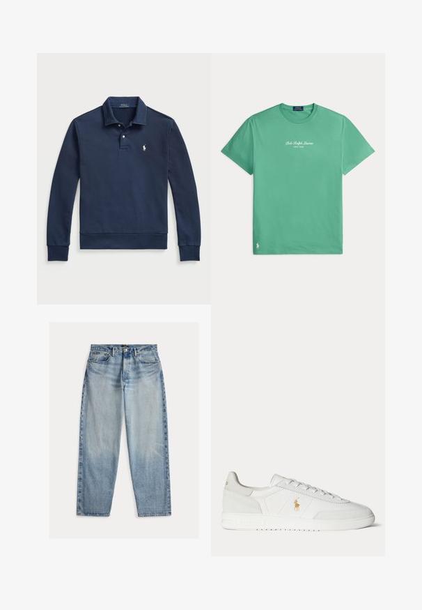Polo Ralph Lauren LOOPBACK COLLARED SWEATSHIRT - Sweatshirt - cruise navy; Grøn Polo Ralph Lauren T-shirt med korte ærmer med hvidt logotekst "Polo Ralph Lauren New York" centreret på brystet og lille broderet logo nær kanten.; Lyseblå denimjeans med løs pasform. Har høj talje, fem lommer og synlige syninger. Overfladen er let tekstureret.; Hvid lavtop sneaker med snøredesign, guldfarvet Polo Ralph Lauren-logo på siden og tekstureret sål på en ensfarvet baggrund.