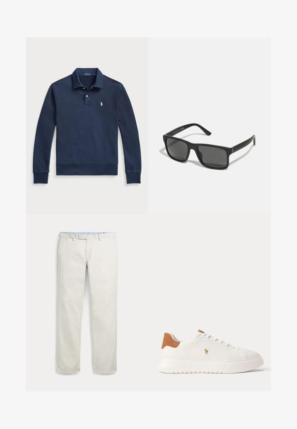 Polo Ralph Lauren LOOPBACK COLLARED SWEATSHIRT - Collegepaita - cruise navy; Vaaleanbeiget värisiä miesten suoralahkeisia housuja vyölenkeillä ja sivutaskuilla, tasaisena valkoisella taustalla esitettynä.; Valkoinen matalakärkinen tennari, jossa vaaleanruskea kantalenkki, valkoiset nauhat ja pieni kirjailtu polopelaajan logo sivussa paksun pohjan yläpuolella.; Musta suorakulmainen aurinkolasit tummilla linsseillä ja matalla pinnalla. Varressa on kohokuvioitu "POLO"-logo ja vahva kehysrakenne.