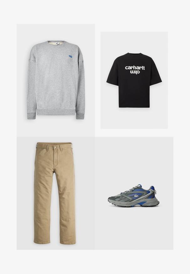 Harmaa collegepaita, joka on valmistettu pehmeästä puuvillasekoitteesta. Paita on varustettu pyöreällä kaula-aukolla ja ribbineulottuilla hihoilla. Rinnassa on pieni sininen Nike-logo.; Musta lyhythihainen t-paita, jossa oversized istuvuus ja valkoinen vääristynyt "carhartt wip" teksti-logo keskellä etupuolella.; Khakinväriset puuvillahousut suorilla lahkeilla, etutaskuilla ja napilllisella suljennalla. Sileä pinta ja vahvistetut saumat kestävyyttä varten.; Harmaa ja sininen urheilukengät, jossa on teksturoitu pohja, nauhakiinnitys ja pieni krokotiililogot sivulla, eristetty valkoisella taustalla.
