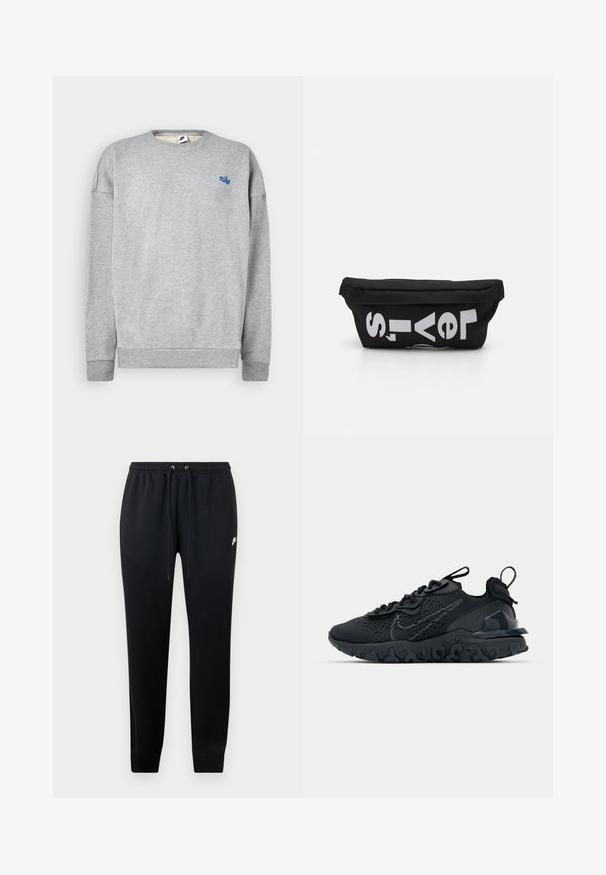 Grauer Sweatshirt aus einer weichen Baumwollmischung, mit Rundhalsausschnitt und gerippten Bündchen, versehen mit einem kleinen blauen Nike-Logo auf der Brust.; Schwarze Jogginghose aus weichem Stoff, mit einem elastischen Bund und Kordelzug, gerippten Knöcheln und einem kleinen Logo-Detail an der Seite.; Schwarzer Sportschuh mit atmungsaktivem Mesh-Obermaterial, strukturierten Akzenten und einer wellenförmigen Gummisohle. Verfügt über ein reflektierendes Logo und ein Schnürsystem.; Schwarze Stofftasche mit flacher Form, mit fettgedrucktem weißen Text. Der Reißverschluss befindet sich oben, mit einer Schlaufe an einer Seite.