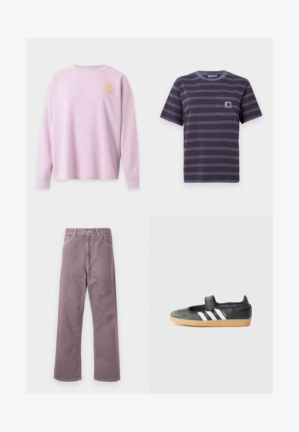 Pull rose clair à manches longues en maille gaufrée avec col rond et petit motif de fleur d’hibiscus jaune sur la partie supérieure gauche de la poitrine.; T-shirt violet à rayures avec une poche sur la poitrine gauche, présentant des rayures noires horizontales. Tissu doux, manches courtes, col rond.; Pantalons larges dans une teinte lavande douce, en denim. Comprend cinq poches, une fermeture à bouton et des accents de couture subtils.; Sneaker en cuir noir et suède avec une sangle Velcro, arborant trois bandes blanches et une semelle en caoutchouc, étiqueté "SAMBA" sur le côté.
