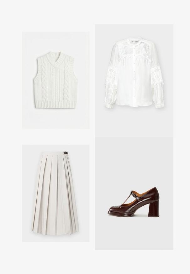 Veste sans manches blanche en tricot avec motif torsadé et encolure en V, emmanchures et ourlet côtelés.; Blouse blanche à manches longues avec boutons sur le devant, détails en dentelle sur le haut de la poitrine et les manches, et poignets froncés.; Longue jupe blanche plissée avec une fermeture latérale à boucle, présentée à plat sur un fond blanc.; Chie Mihara KAYLA - Escarpins - sucre choco/kimera leche