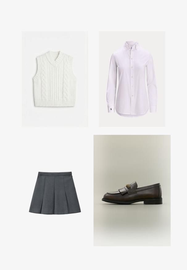 Veste sans manches blanche en tricot avec motif torsadé et encolure en V, emmanchures et ourlet côtelés.; Chemise blanche à manches longues avec col boutonné et petit logo brodé sur le poignet gauche.; Jupe plissée grise en tissu texturé, dotée d'une taille ajustée et d'une forme évasée, adaptée aux occasions décontractées ou formelles.; Mocassin en cuir marron foncé avec détail à franges et boucle dorée sur semelle noire, vu de côté sur un fond neutre.