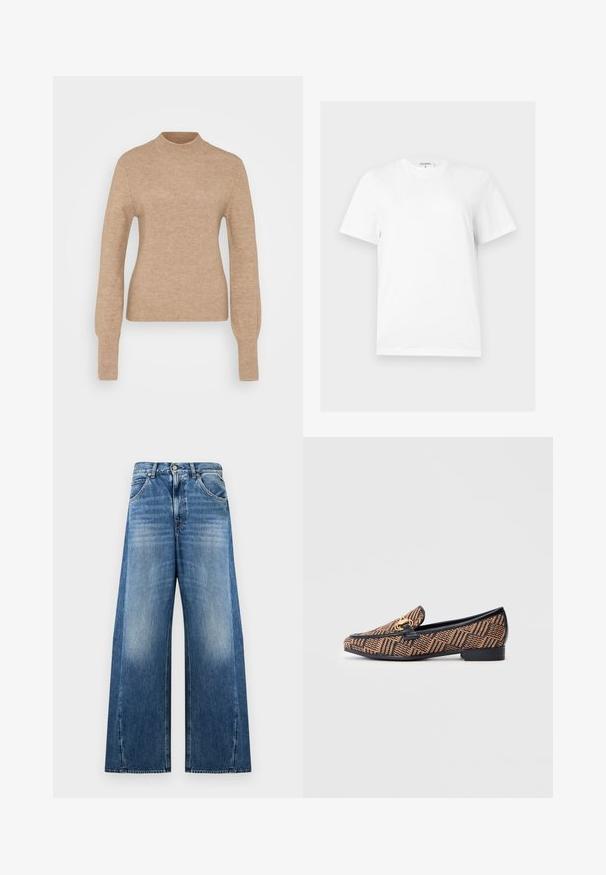 Beige geribbelde gebreide trui met een hoge hals, lange mouwen en een getailleerd lichaam. Zachte textuur met een gladde afwerking. Minimalistisch ontwerp; geen patronen.; Effen wit T-shirt met korte mouwen en een ronde hals, met een rechte snit en een klein merkembleem bij de halslijn.; Blauwe denim jeans met wijde pijpen en hoge taille, vervaagde voorkant bovenbenen, voorzakken, knoopsluiting en riemlussen op een witte achtergrond.; Loafer met een geweven bruin en zwart patroon, zwarte leren accenten en een gouden hardware detail aan de voorkant. Lage blokhak.