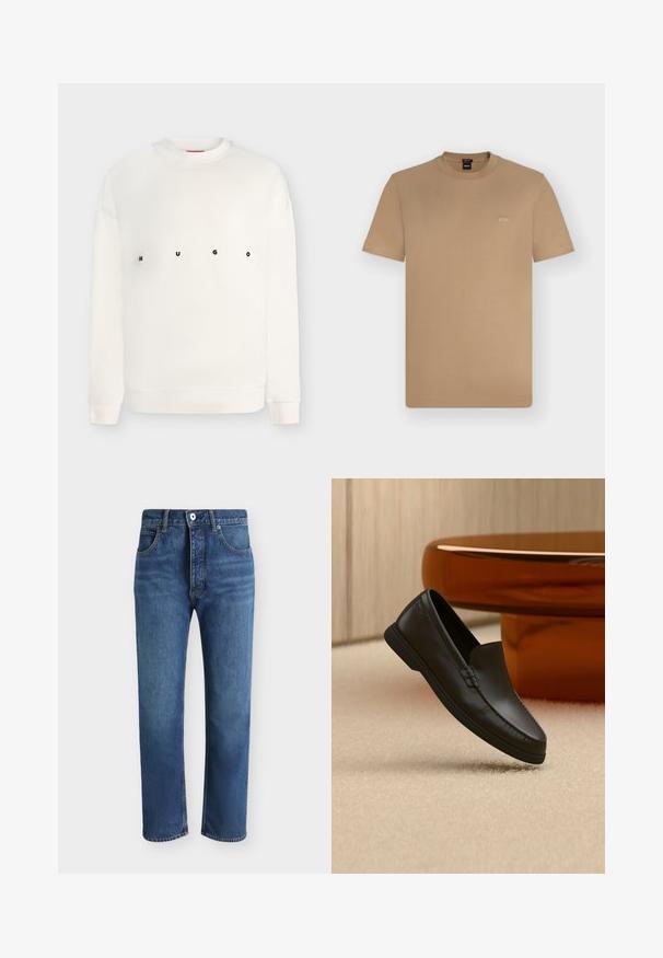 Sweat-shirt blanc à manches longues avec col rond, imprimé "HUGO" en lettres noires espacées sur la poitrine.; T-shirt marron clair à manches courtes et col rond avec petit logo blanc "BOSS" sur la poitrine gauche, présenté sur un fond uni clair.; Jean en denim bleu coupe droite avec fermeture avant par bouton et zip, poches avant et passants de ceinture sur un fond uni.; Mocassin noir en cuir sans lacets exposé sur un tapis beige à côté d'une table en verre ambré de forme incurvée dans une pièce aux tons neutres.