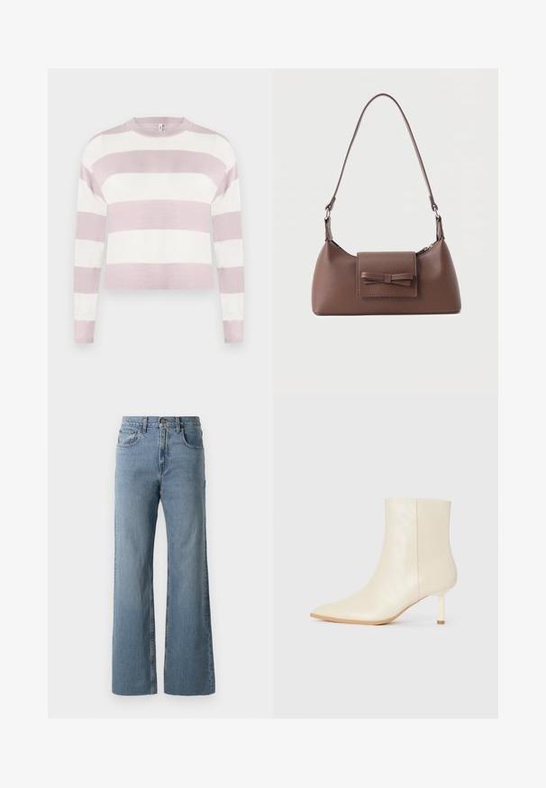 Pull en maille rayé rose clair et blanc, à manches longues, col rond et poignets côtelés, avec un design court et une texture lisse.; Jean en denim bleu clair à taille haute, jambes larges, cinq poches et décoloration subtile, avec une fermeture à bouton et à zipper.; Botte de cheville crème à bout pointu et talon moyen élancé, texture lisse, présentée de l'extérieur sur fond blanc.; Sac à bandoulière en cuir marron avec une poche à rabat avant ornée d'un détail en forme de nœud cousu et une sangle réglable.