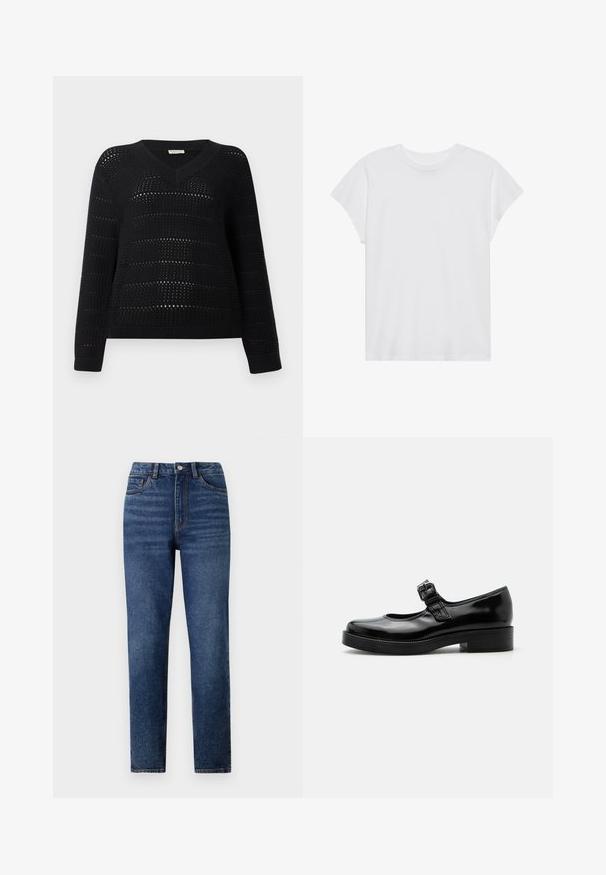 TOM TAILOR DENIM V NECK - Svetrík - deep black; Biela krátka rukávová tričko s okrúhlym výstrihom, voľný strih, vyrobené z jemnej bavlnenej látky. Hladká textúra, bez vzorov alebo log.; Džínsy s vysokým pásom, modré, s rovnými nohavicami, ktoré majú jemné oprania, jednoprevodový zapínací gombík a dizajn s piatimi vreckami.; Čierna lakovaná kožená topánka Mary Jane s zaoblenou špičkou, nízkym blokovým podpätkom a nastaviteľným remienkom so sponou cez priehlavok.