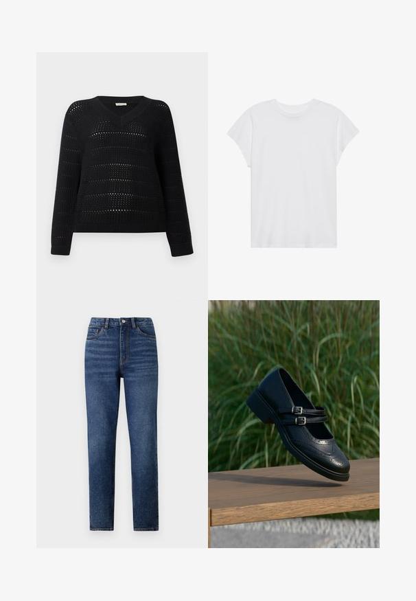 TOM TAILOR DENIM V NECK - Pullover - deep black; T-shirt blanc à manches courtes, col rond, coupe décontractée, en tissu de coton doux. Texture lisse, sans motifs ni logos.; Jeans en denim bleu taille haute avec une coupe droite, présentant un léger délavage, une fermeture à un bouton et un design à cinq poches.; Chaussure Mary Jane en cuir noir avec doubles brides bouclées et détails brogue, flottant au-dessus d'un banc en bois avec en arrière-plan de l'herbe verte.