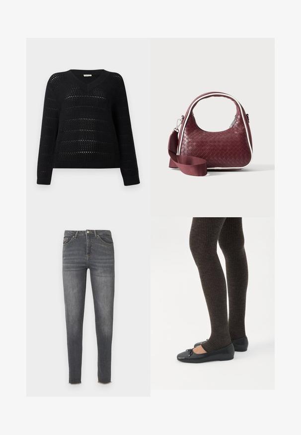 TOM TAILOR DENIM V NECK - Pullover - deep black; Jean skinny en denim gris délavé à taille haute, avec cinq poches, des accessoires dorés et un ourlet brut raccourci.; Jambes portant des leggings côtelés foncés associés à des ballerines noires avec de petits détails en nœud sur fond blanc.; Sac à main en cuir tressé marron foncé avec poignée courbée, garniture blanche, fermeture éclair argentée et bandoulière large en tissu amovible sur fond uni.