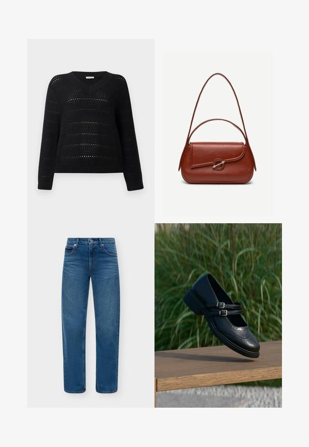 TOM TAILOR DENIM V NECK - Svetrík - deep black; Modré džínsové nohavice so stálym pásom s predným gombíkom a zipsom, v päťvreckovom štýle na jednoduchom svetlom pozadí.; Čierny kožený topánky Mary Jane s dvojitými prackami a brogue detailmi, vznášajúc sa nad drevenou lavičkou s pozadím zelenej trávy.; Hnedá kožená kabelka na rameno s zaobleným obdĺžnikovým tvarom, asymetrickým chlopňovým uzáverom, striebornou okrúhlou sponou a dvoma tenkými remienkami.