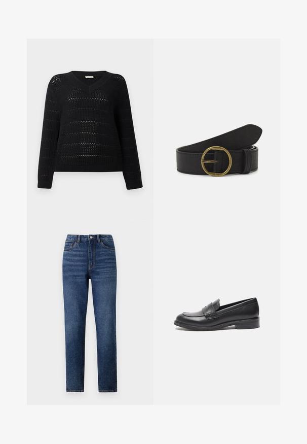 TOM TAILOR DENIM V NECK - Trui - deep black; Hoge taille blauwe denim jeans met rechte pijpen, voorzien van subtiele wassing, sluiting met één knoop en een vijf-pocket ontwerp.; Zwarte leren loafers met een gladde afwerking, ronde neus en zijkant stikdetail. Voorzien van een lage, rechthoekige hak.; Zwarte leren riem met een ronde messingen gesp. Heeft een gestructureerd oppervlak en een gladde uiteinde dat naar een punt toelopend is.