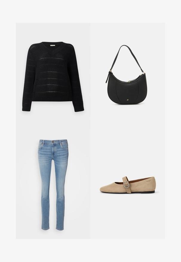 TOM TAILOR DENIM V NECK - Trui - deep black; Lichtblauwe skinny jeans van denim, met een klassiek vijf-pocket ontwerp, een mid-rise taille en subtiele vervaging langs de benen.; Beige suède Mary Jane balletschoenen met een spitse neus en een enkele verstelbare band met een zilveren gesp. Zwarte platte zool.; Zwarte leren handtas met een gebogen vorm, textuuroppervlak, voornaden en een logo in goudkleur. Beschikt over een enkele verstelbare schouderband.