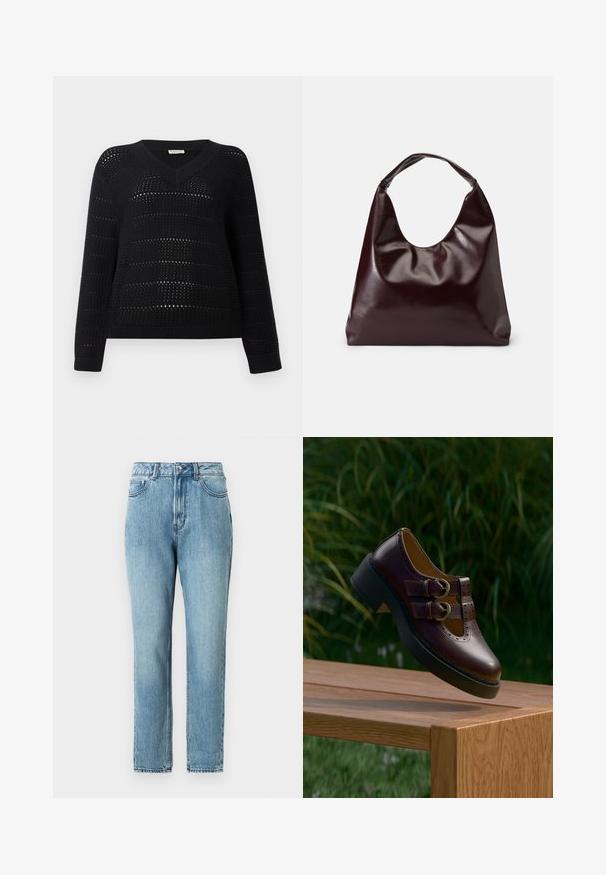 TOM TAILOR DENIM V NECK - Pullover - deep black; TOM TAILOR DENIM Jean Mom - clean mid stone blue denim; Chaussure en cuir marron foncé avec double boucle, détails perforés et semelle noire épaisse, suspendue au-dessus d'une table en bois à l'extérieur.; Sac en cuir vegan bordeaux, brillant, avec une forme douce et sculpturale et une large poignée incurvée pour un transport facile.