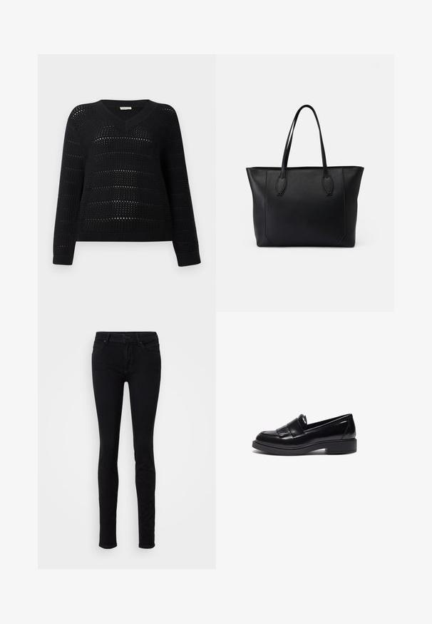 TOM TAILOR DENIM V NECK - Pullover - deep black; Jean skinny noir en denim, avec un design classique à cinq poches, fermeture à bouton à l'avant et légèrement extensible pour le confort.; Mocassins en cuir noir au design épuré, avec un bout arrondi, des franges décoratives et une semelle en caoutchouc texturée basse.; Sac en cuir noir avec deux poignées robustes, présentant une texture lisse, une forme rectangulaire et des détails de couture subtils le long des bords.
