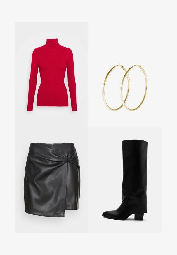 Pull en maille côtelée rouge avec un col roulé, des manches longues, un tissu texturé, une coupe ajustée et un col montant. Pas d'embellissements visibles.; EDITED SAFIA SKIRT - Minijupe - black; Botte haute en cuir noir avec couture inclinée, bout pointu et talon épais de taille moyenne sur fond blanc.; Boucles d'oreilles en or en forme de cerceau, présentant un design lisse et rond avec une finition brillante. Construction légère avec un fermoir sécurisé.