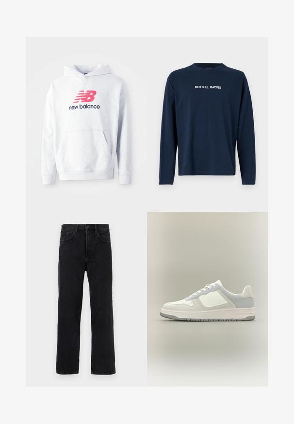 Heledhall hall eesega, millel on eesmine kangursahtel ja punane "NB" logo musta "new balance" teksti kohal rinnaeelsel osal.; Tumed pikkade varrukatega T-särk, mis on valmistatud puuvillast, ümmarguse kaeluse ja valge tekstiga "RED BULL RACING" rinna peal.; Mustad sirge säärega teksapüksid, ees nööbi ja tõmblukuga kinnitusega, vööaasadega ning klassikalise viiepokilise disainiga, ühevärvilise taustaga.; Madalad valged ja heledat halli tooni tossud, millel on aukudega varvaste osa, paelalgus ja tekstureeritud kummist tallad ning neutraalse taustaga.