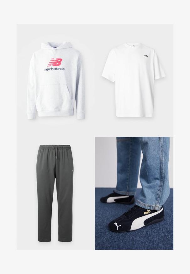 Lichtgrijze hoodie met een voorste kangoeroezak en een rood "NB" logo boven de tekst "new balance" in zwart op de borst.; Wit katoenen T-shirt met korte mouwen, V-halsontwerp, met een klein zwart logo aan de linker bovenzijde. Zachte textuur, comfortabele pasvorm.; Donkergrijze fleece joggingbroek met elastische tailleband en trekkoord, voorzien van een klein logo op de rechterdij.; Zwarte suède sneakers met witte accenten, voorzien van een gouden logo. Gemaakt met lichtblauwe spijkerbroek en geplaatst op een textuur blauwe ondergrond.
